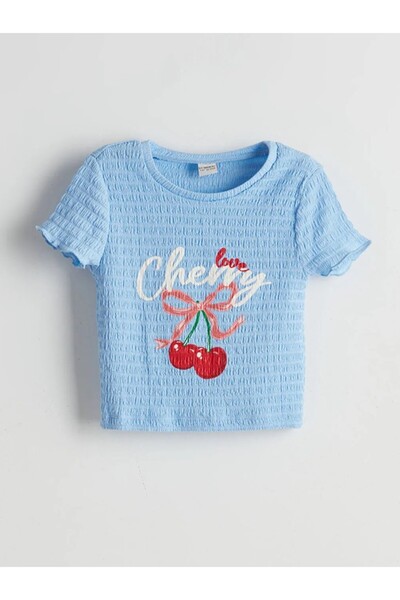 LC Waikiki LCW Παιδικό μπλουζάκι για κορίτσια Crop Μπλε με λαιμόκοψη με στάμπα Cherry