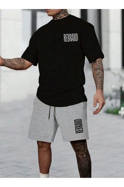 REBRAND Gray Oversize T-Shirt Set - Printed Top and Bottom Shorts Set
