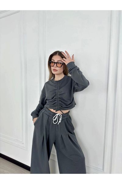 nedo7 Long Sleeve Front Drawstring Crop and Trousers Double Set - Anthracite