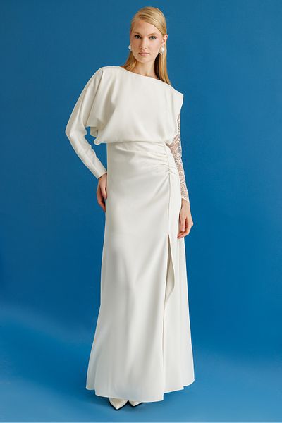 Nefeli Lace Sleeve Crepe Slit Dress
