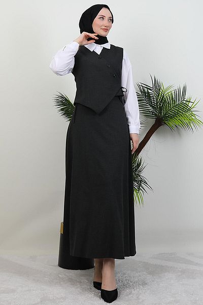 GİYZAMİLA Skirted Asymmetrical Suit Dark Gray