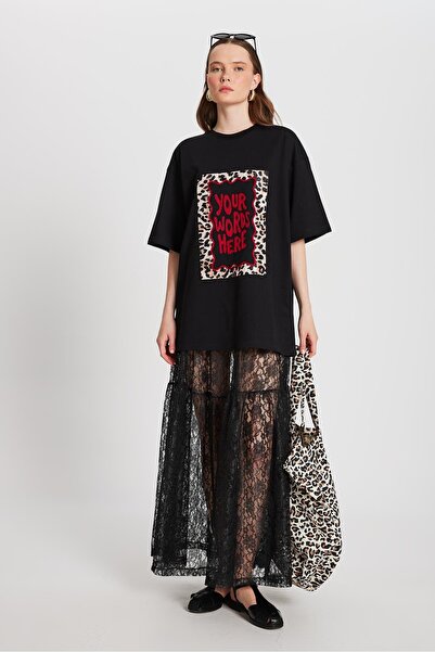 minaaise Γυναικείο μαύρο μπλουζάκι με κέντημα Oversize 29160