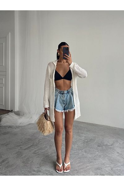 mydukkan.co Beyli Openwork Polo Neck Cardigan Ecru
