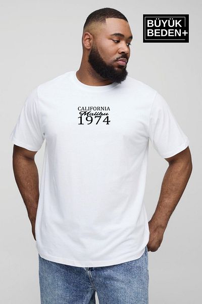 Superlife Superlife Men's Large Size California 1974 Printed Crew Neck T-Shirt Spr25Bts906