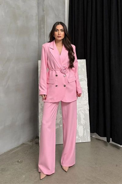 buqre's moda Women's Two-Piece Blazer Jacket Pants Suit Accessories Rose and Button Detail Loose Wide Leg