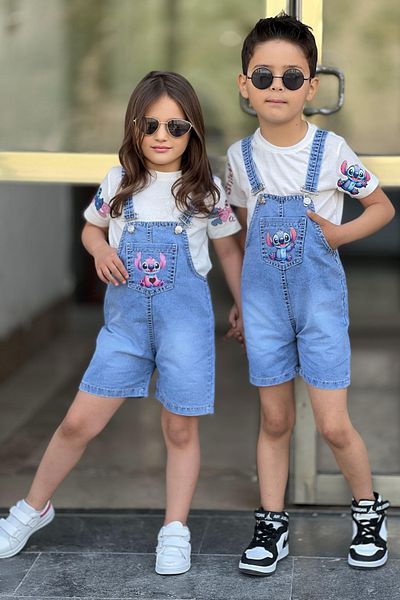 BEREKET BABY Unisex Stitch Embroidered Sister Combination – Girls & Boys Overalls Set (2-5 Years)