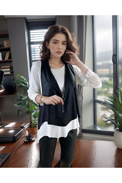 nedo7 Women's Long Sleeve Asymmetrical Cut Viscose Blouse and Cracked Leather Look Zipper Detailed Vest Double Jewelry