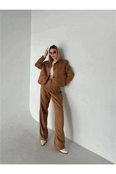 nedo7 Suede Jacket Palazzo Trousers Double Set - Brown
