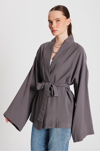 minaaise Women's Anthracite Oversize 100% Modal Tie Kimono Jacket 29146