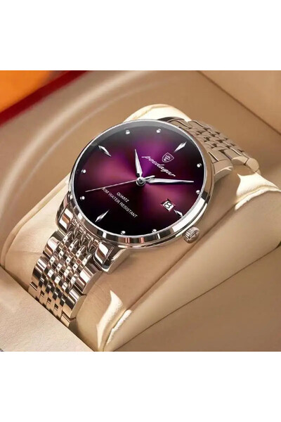 POEDAGAR Ανδρικό ρολόι Poedagar, ανοξείδωτο ατσάλι, ασημί, μωβ καντράν