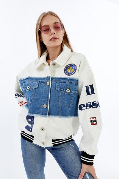 CHOS7N Jachetă de bomber cu șolduri din piele și denim supradimensionate pentru femei.