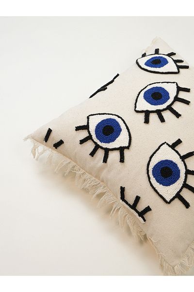 Galia Tasarım Πλυμένο λινό Bohemian Eye Figured Tassel Punch Throw Μαξιλαροθήκη