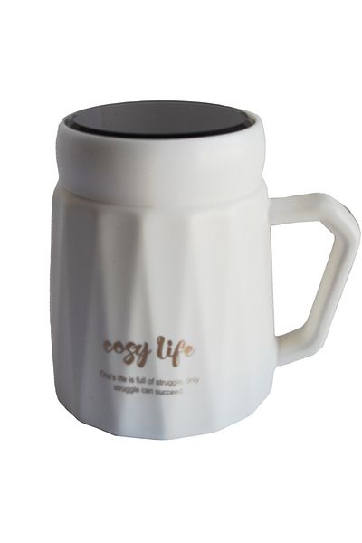 PUFO Cană ceramică Grateful cu capac pentru cafea sau ceai, 350 ml, albă