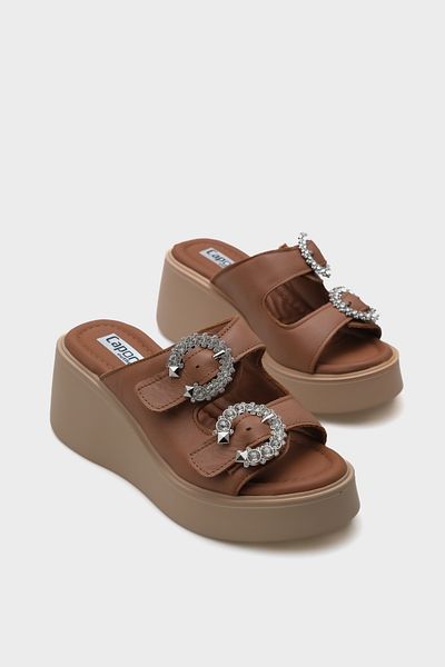 Capone Outfitters Γυναικείες παντόφλες Charm Γνήσιο Δερμάτινο Σφήνα με Πέτρα με διπλό λουράκι Comfort