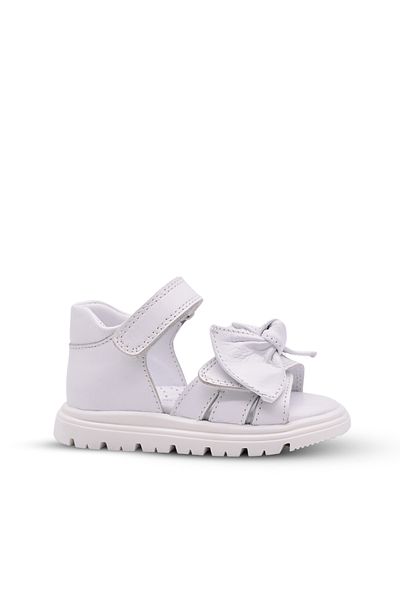 kids A more Katty Genuine Leather Baby Girl Sandals - White with Double Velcro and Bow Detail