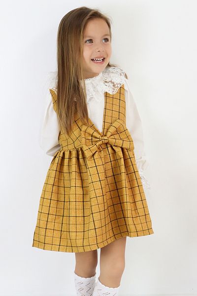 Parla Kids Girl Anna Mustard Checkered Bow Jile Dress Ecru Lace Detailed Blouse Suit