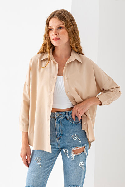 GİYSA Γυναικείο μπεζ μακρυμάνικο βασικό βαμβακερό πουκάμισο oversize - 3900