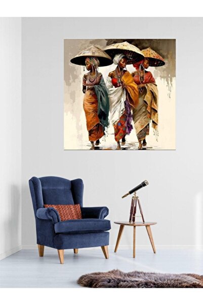 HDART Soyut Şemsiyeli Afrikalı 3 Kadın Duvar Kanvas Tablosu Tablo