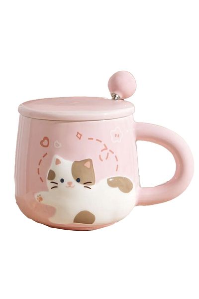 PUFO Cană ceramică Happy Kitty cu capac și linguriță pentru cafea sau ceai, 350 ml, roz
