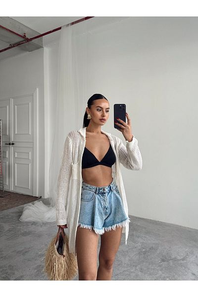 mydukkan.co Beyli Openwork Polo Neck Cardigan Ecru