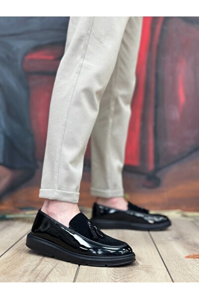 pabucmarketi Laceless Tasseled Men's Shoes Black Patent Leather (Black Sole)