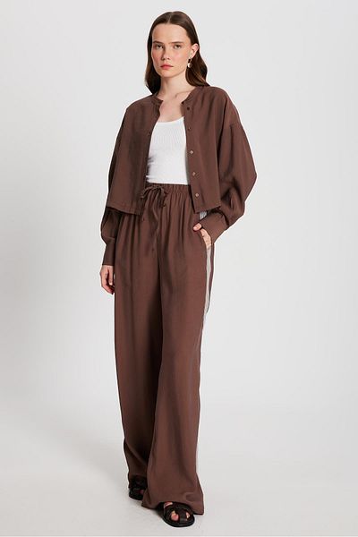 minaaise Women's Brown 100% Modal Loose Cut Side Striped Trousers 29139