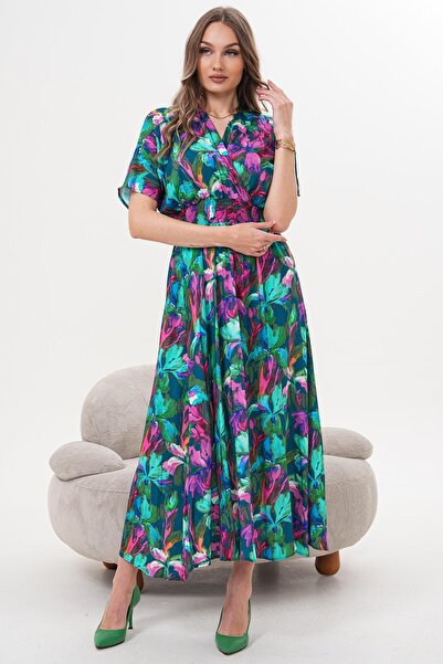 Siyezen Double-Breasted Collar Dress with Glitter Waist