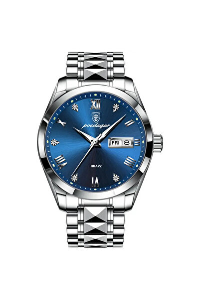 POEDAGAR Ανδρικό ρολόι Poedagar, ανοξείδωτο ατσάλι, ασημί, μπλε καντράν