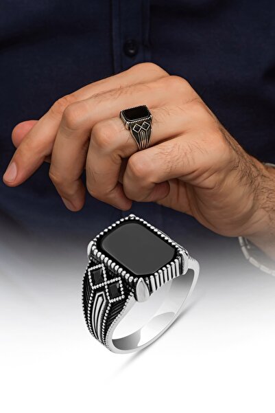 ALYANSEVİM Siyah Oniks Taşlı 925 Gümüş Yüzük