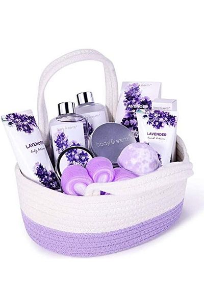 Body Bath Spa Gift Set, Body & Earth Gift Basket 6-Piece Lavender Scented Spa Basket Kits for Women