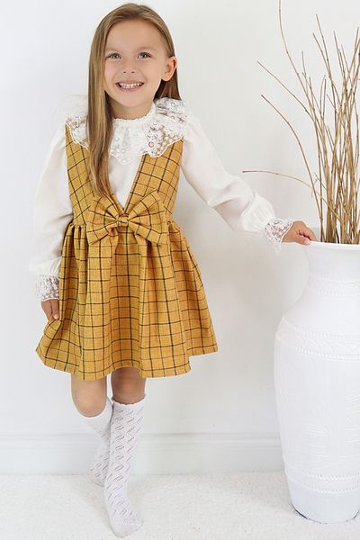 Parla Kids Girl Anna Mustard Checkered Bow Jile Dress Ecru Lace Detailed Blouse Suit