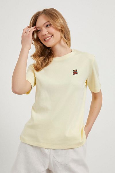 Arma Life Tricou galben cu mânecă scurtă brodat ursuleț de pluș de vară pentru femei