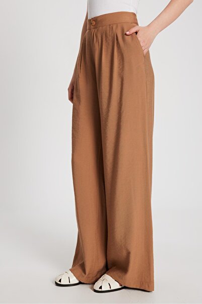 minaaise Kadın Camel Kendinden Desenli Palazzo Pantolon 29099