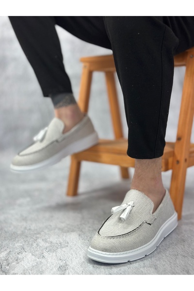 pabucmarketi Laceless Linen Tasseled Men's Classic Shoes Gray (White Sole)