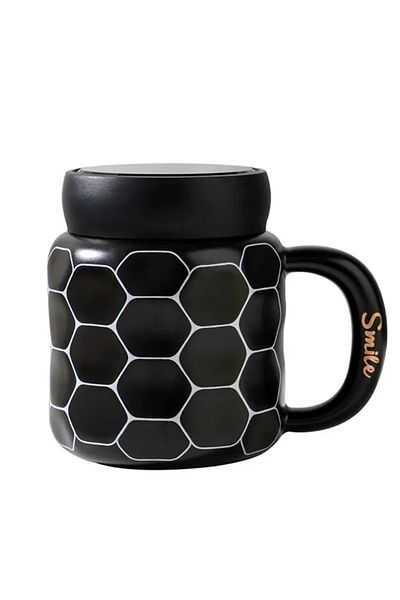 PUFO Cană ceramică Simply Smile cu capac pentru cafea sau ceai, 400 ml, neagră