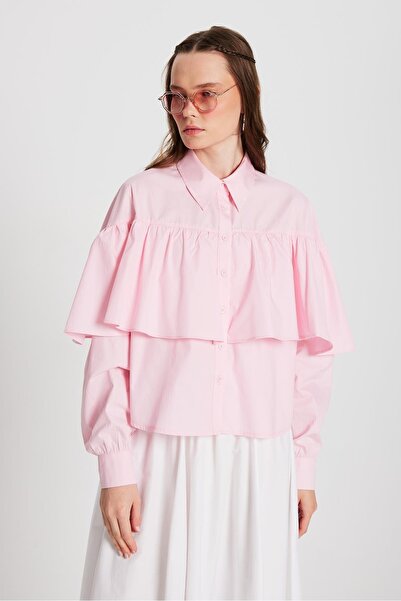 minaaise قميص نسائي وردي مكشكش من نسيج القطن بقصة واسعة 29136