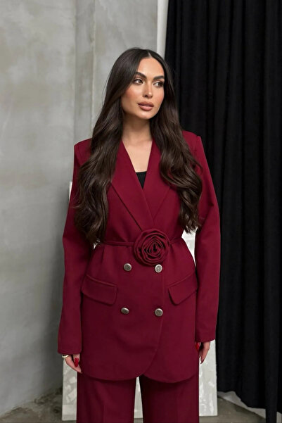 buqre's moda Women's Two-Piece Blazer Jacket Pants Suit Accessories Rose and Button Detail Loose Wide Leg