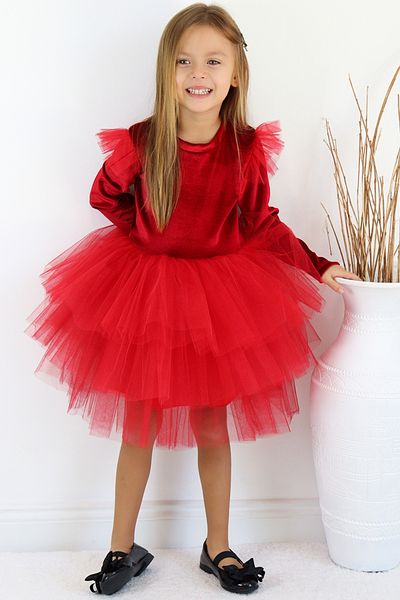 Parla Kids Rochie pentru fetiță, roșu sidefat, cu mânecă lungă, din tul din catifea, petrecere de aniversare, 23 aprilie