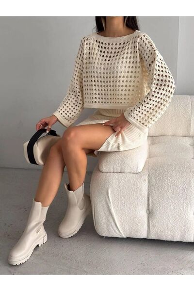 Lady MORE Triko Delikli Kazak Elbise Takım