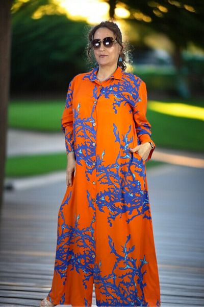 yagmurberen Front to Back Buttoned Pocketed Three Quarter Sleeve Extra Large Size Cotton Viscose Dress