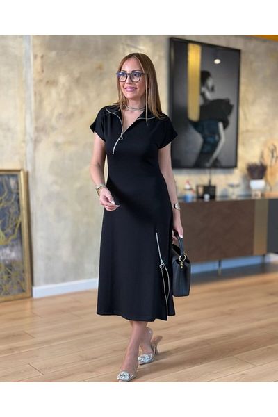 modaserdem Γυναικείο κοντομάνικο φόρεμα μίντι βισκόζης με φερμουάρ στο λαιμό και τη φούστα