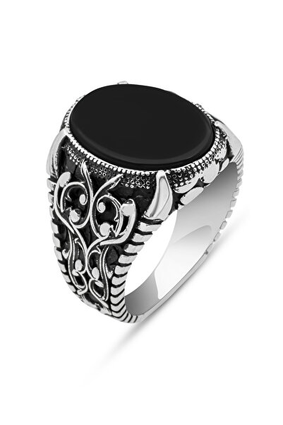 ALYANSEVİM Oval Siyah Oniks Taşlı 925 Gümüş Erkek Yüzük