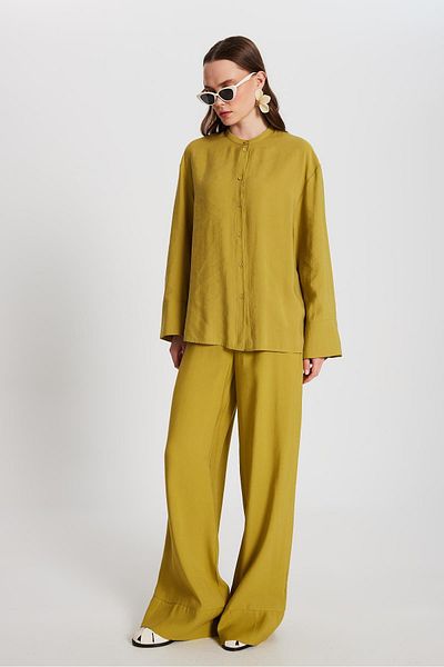 minaaise Women's Oil Green 100% Modal Bottom/Top Shirt and Pants Suit 29137
