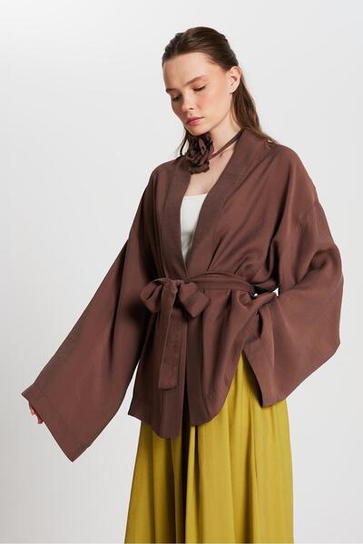 minaaise Women's Brown Oversize 100% Modal Tie Kimono Jacket 29146