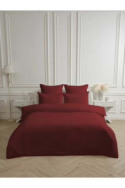 Bonny Home Line Burgundy Cotton Satin Double Duvet Cover Set with Elastic Sheets 4 Piece Set