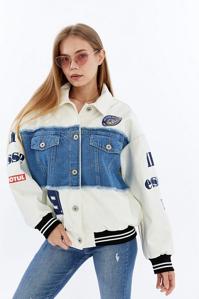 CHOS7N Jachetă de bomber cu șolduri din piele și denim supradimensionate pentru femei.