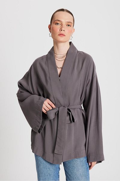 minaaise Women's Anthracite Oversize 100% Modal Tie Kimono Jacket 29146