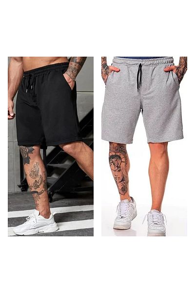 FİTGO Men's Black-Grey Regular Fit Pocket Shorts Large Size Combed Cotton Fabric Pack of 2