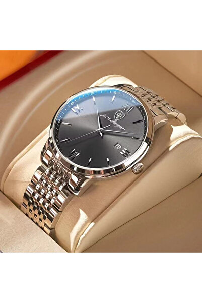 POEDAGAR Ανδρικό ρολόι Poedagar, ανοξείδωτο ατσάλι, ασημί, γκρι καντράν