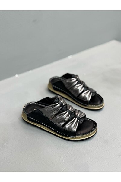 DİVA Чорні платинові шкіряні ортопедичні жіночі повсякденні капці